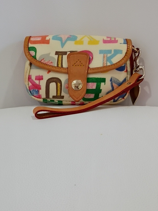 Dooney & Bourke Handbags - Dooney & Bourke VintageMulticolor Logo Wristlet - White Background with Tan Trim